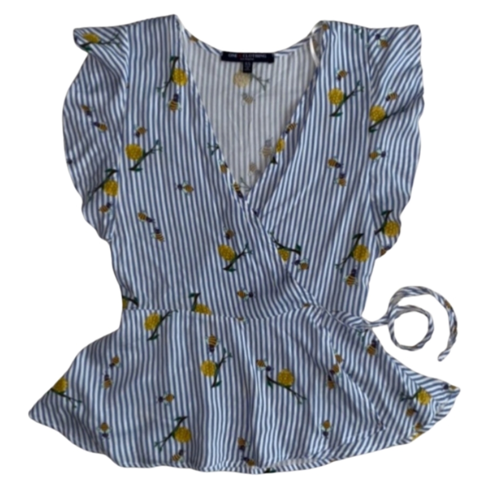 ONE CLOTHING Wrap Top Bee Print Blue Stripe